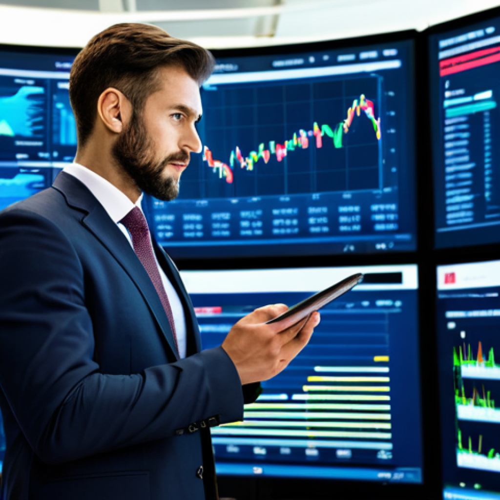 A professional male asset manager in a modest business suit, standing confidently in a state-of-the-art financial trading room. Large, curved digital displays in the background show real-time market trends, complex data visualizations, and an AI interface, highlighting the integration of technology and analytics in asset management. He holds a tablet, looking thoughtfully at the screen with a focused and intelligent expression. This is a professional image, fully clothed, appropriate attire, safe for work, perfect anatomy, correct proportions, natural pose, well-formed hands, proper finger count, natural body proportions, high quality, professional photography.
