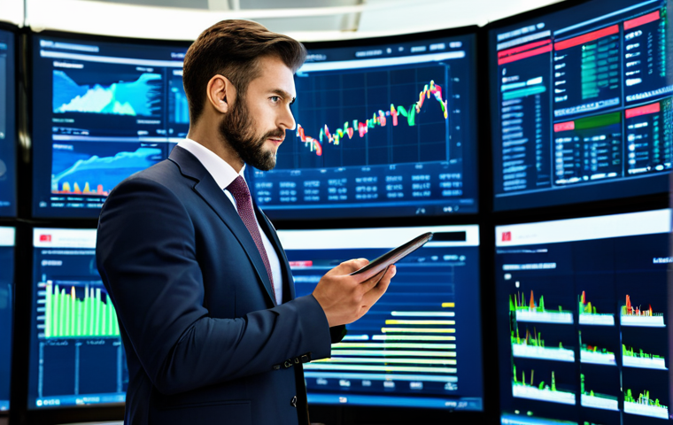 A professional male asset manager in a modest business suit, standing confidently in a state-of-the-art financial trading room. Large, curved digital displays in the background show real-time market trends, complex data visualizations, and an AI interface, highlighting the integration of technology and analytics in asset management. He holds a tablet, looking thoughtfully at the screen with a focused and intelligent expression. This is a professional image, fully clothed, appropriate attire, safe for work, perfect anatomy, correct proportions, natural pose, well-formed hands, proper finger count, natural body proportions, high quality, professional photography.