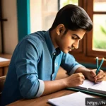 Home 20 자산관리사 필기 시험 고득점 비결 - A focused young Indian student in traditional casual attire, sitting at a wooden desk with neatly or...