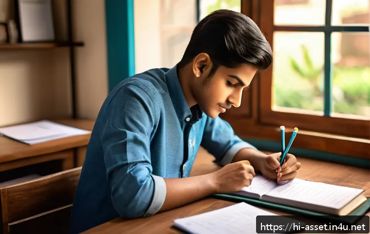 자산관리사 필기 시험 고득점 비결 - A focused young Indian student in traditional casual attire, sitting at a wooden desk with neatly or...