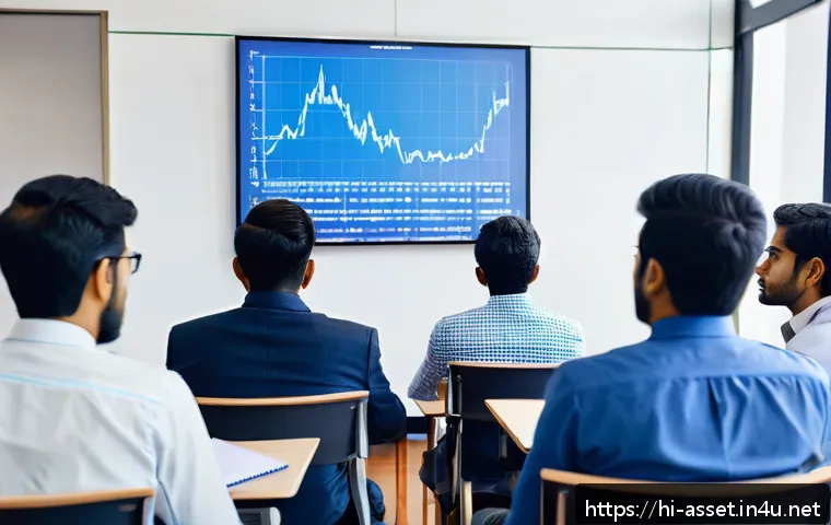 자산관리사 자격증 관련 실무 연수 프로그램 - A professional training session scene in a modern classroom focused on financial markets, featuring ...