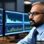 Home 18 자산관리사 경력 10년차의 현실 - A professional Indian financial advisor in a modern office setting, analyzing fluctuating stock mark...
