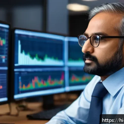 Home 30 자산관리사 경력 10년차의 현실 - A professional Indian financial advisor in a modern office setting, analyzing fluctuating stock mark...