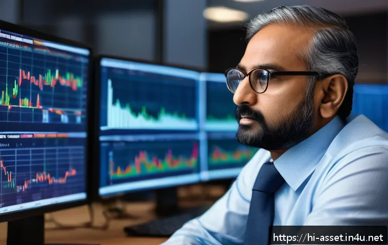 자산관리사 경력 10년차의 현실 - A professional Indian financial advisor in a modern office setting, analyzing fluctuating stock mark...