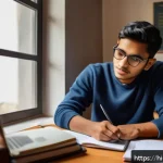Home 23 자산관리사 실기 준비 노하우 - A focused Indian student studying at a wooden desk in a cozy room, with textbooks on property manage...