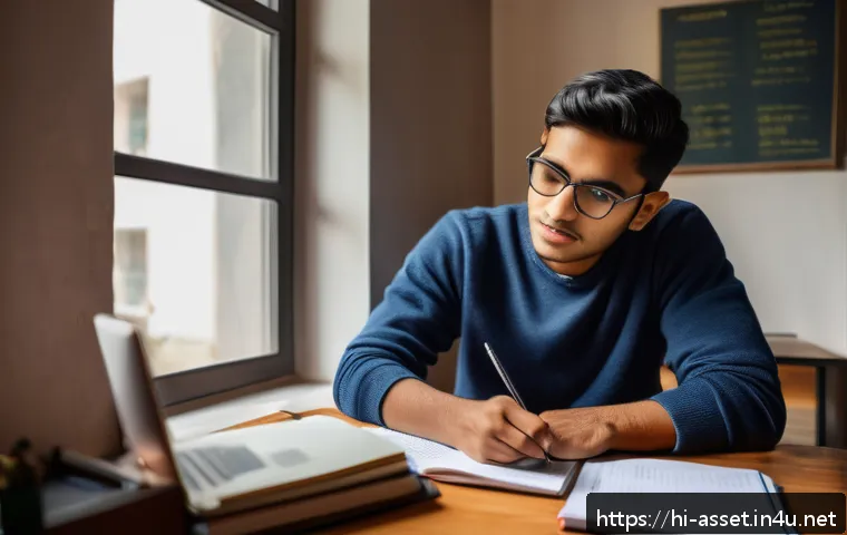 자산관리사 실기 준비 노하우 - A focused Indian student studying at a wooden desk in a cozy room, with textbooks on property manage...