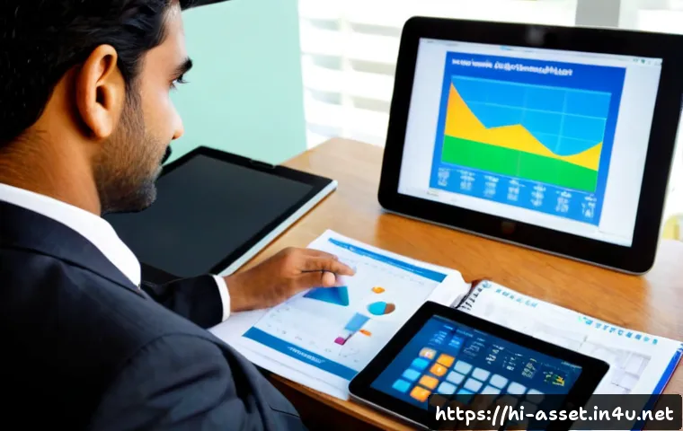 자산관리사 실무에서 자주 발생하는 문제 - Photorealistic Indian financial advisor at a tidy modern office desk, carefully comparing a calculat...